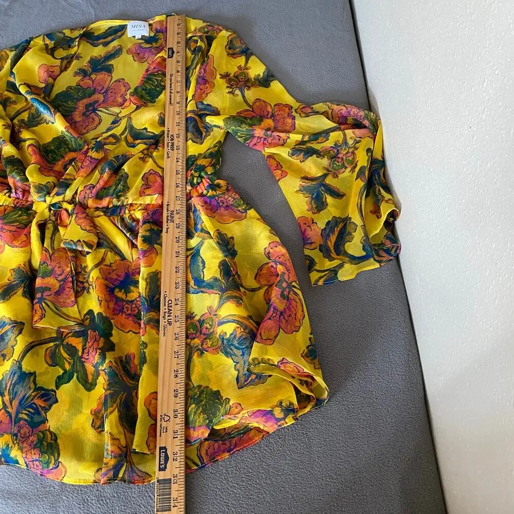 Misa Kaia Floral Chiffon Mini Dress Womens L Canary Yellow Anthropologie Revolve - Picture 13 of 16